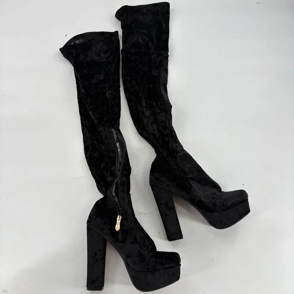 Cape Robbin Crushed Velvet Platform Boots 5.5 Black WhimsiGoth Tall Over Knee
